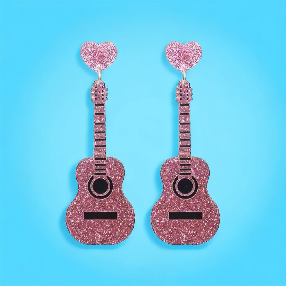 Sparkle with style: Pink guitar glitter acrylic earrings - Picture 9 of 13